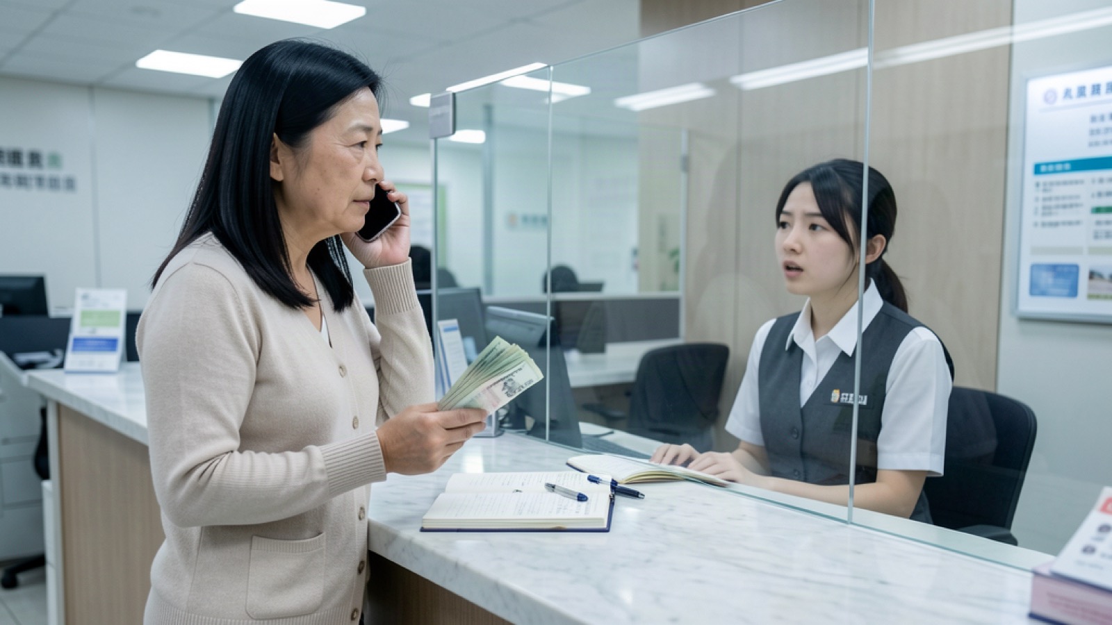 銀行櫃檯通話與防詐諮詢情境示意