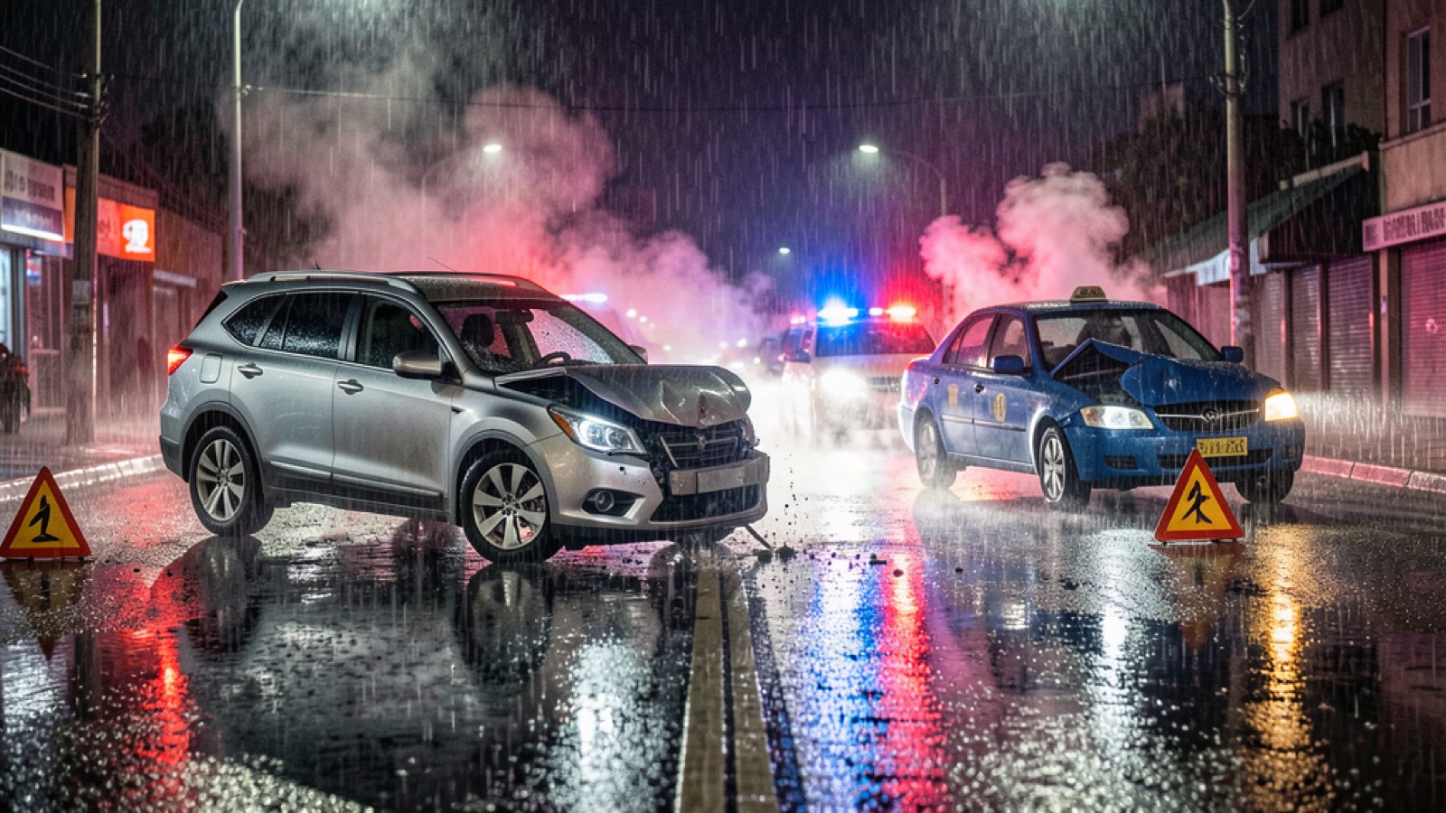 雨夜交通事故現場與受損車輛示意